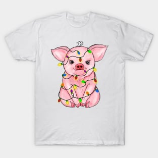 cute pink pig christmas lights T-Shirt